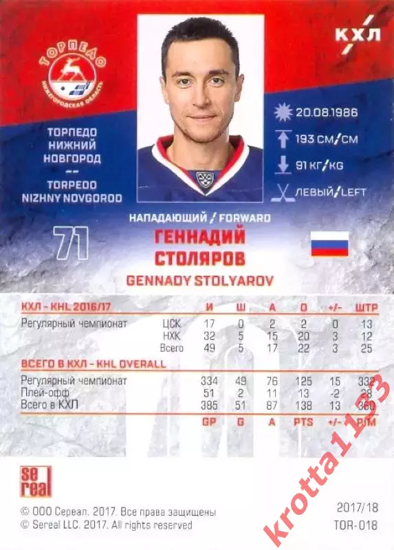 Геннадий Столяров Торпедо Нижний Новгород SeReal Карточки КХЛ 2017-2018 1