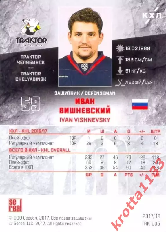 Иван Вишневский Трактор Челябинск SeReal Карточки КХЛ 2017-2018 1