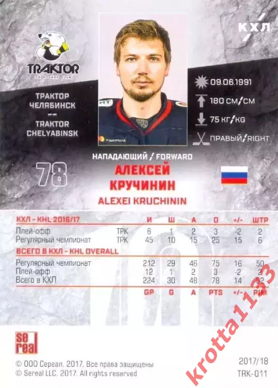 Алексей Кручинин Трактор Челябинск SeReal Карточки КХЛ 2017-2018 1