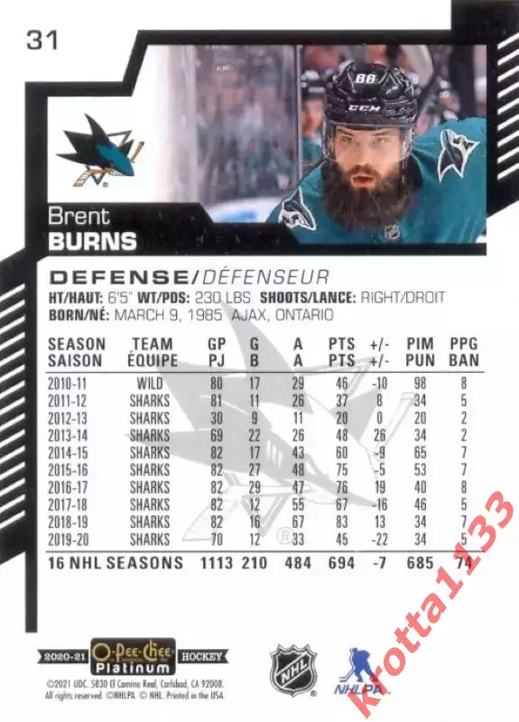 Brent Burns San Jose Sharks Upper Deck O-Pee-Chee 2020-2021 Platinum 1