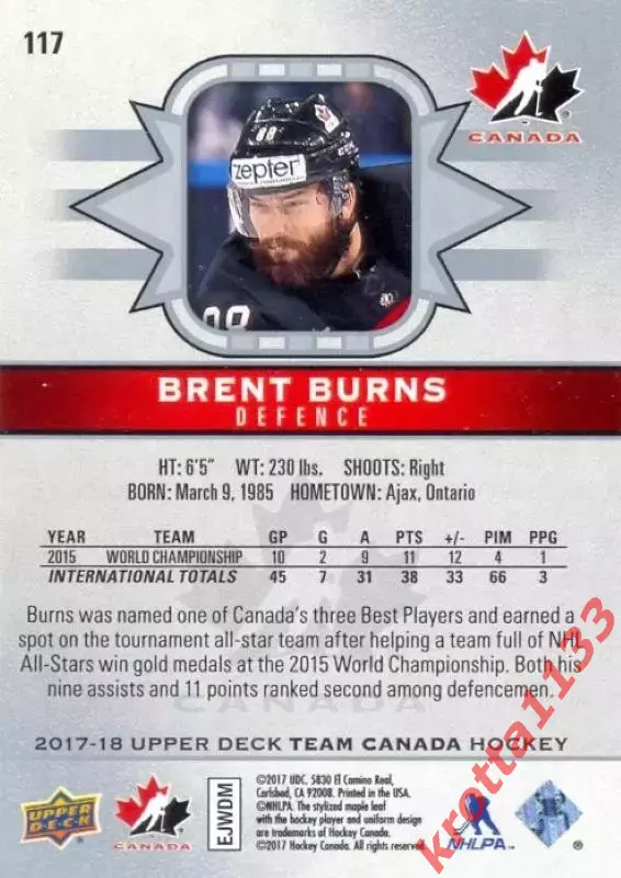 Brent Burns Canada Upper Deck Team Canada Hockey 2017-2018 1