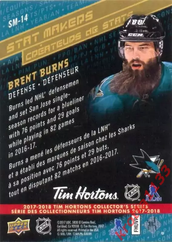 Brent Burns San Jose Sharks Upper Deck Tim Hortons NHL 2017-2018 1
