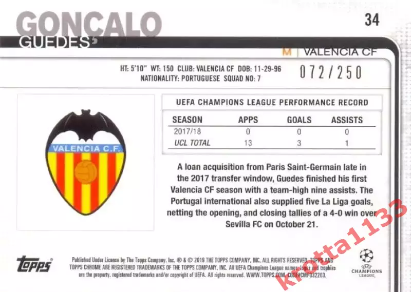 Gonсalo Guedes Valencia CF TOPPS UEFA Champions League Chrome 2018-2019 1