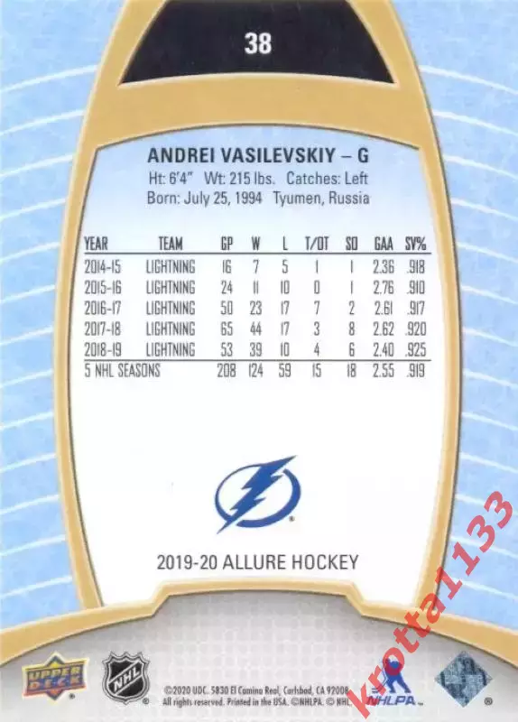 Andrei Vasilevskiy Tampa Bay Lightning Upper Deck Allure Hockey 2019-2020 1