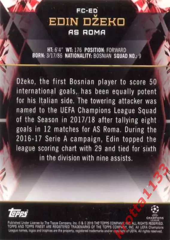 Edin Dzeko AS Roma TOPPS UEFA Champions League Finest 2018-2019 1