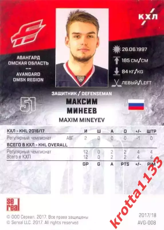 Максим Минеев Авангард Омск SeReal Карточки КХЛ 2017-2018 1