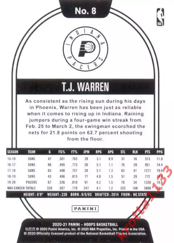 T.J. Warren Indiana Pacers HOOPS NBA 2020-2021 1