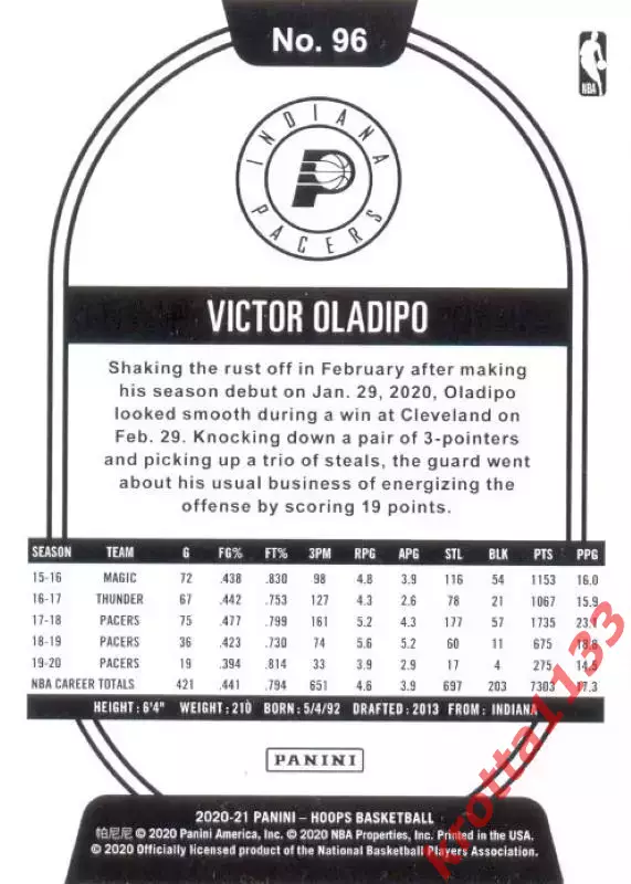 Victor Oladipo Indiana Pacers HOOPS NBA 2020-2021 1