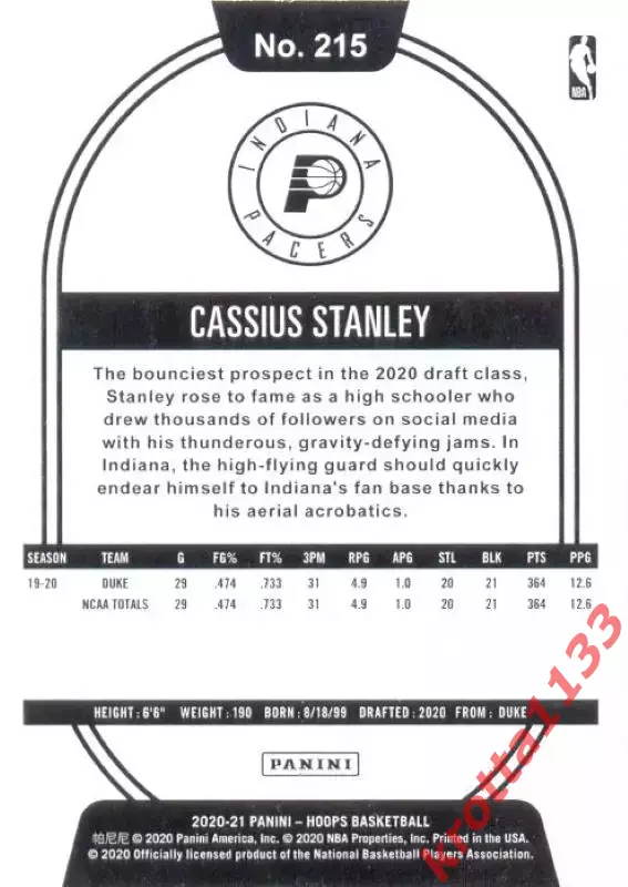 Cassius Stanley Indiana Pacers HOOPS NBA 2020-2021 1