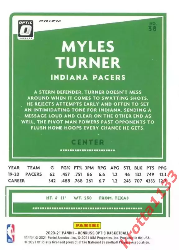 Myles Turner Indiana Pacers Donruss Optic Basketball 2020-2021 1