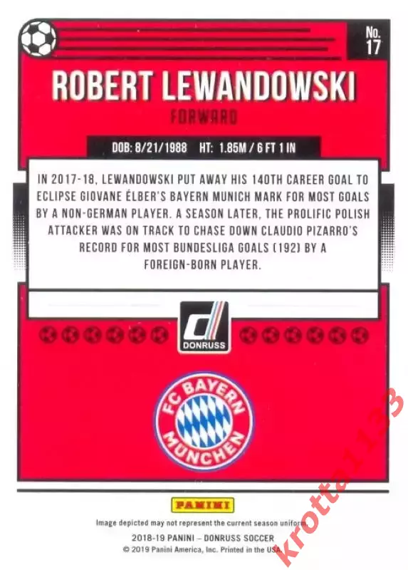 Карточка #17 Robert Lewandowski FC Bayern Munich PANINI Donruss Soccer 2018-2019 1