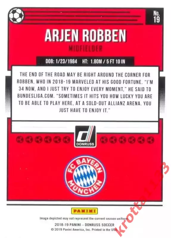 Карточка #19 Arjen Robben FC Bayern Munich PANINI Donruss Soccer 2018-2019 1