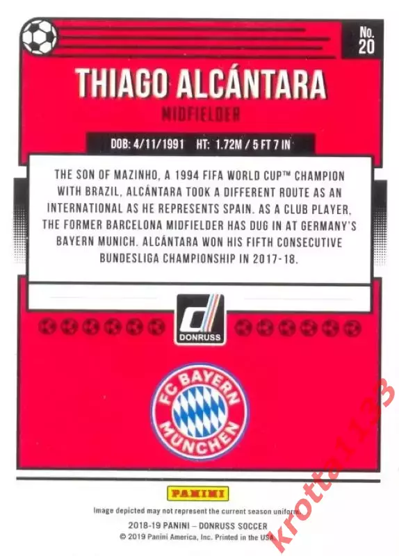 Карточка #20 Thiago Alcantara FC Bayern Munich PANINI Donruss Soccer 2018-2019 1