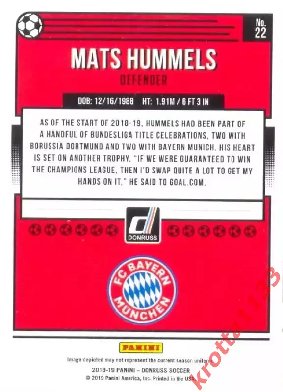 Карточка #22 Mats Hummels FC Bayern Munich PANINI Donruss Soccer 2018-2019 1