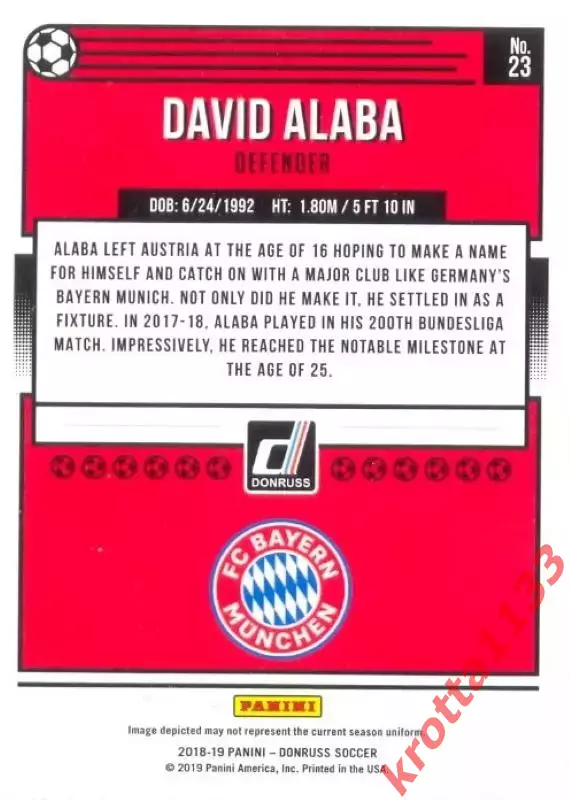 Карточка #23 David Alaba FC Bayern Munich PANINI Donruss Soccer 2018-2019 1