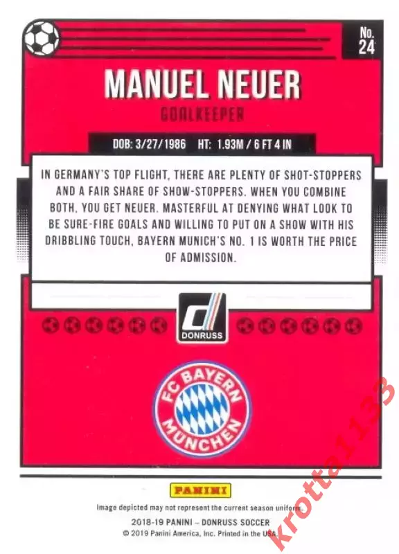 Карточка #24 Manuel Neuer FC Bayern Munich PANINI Donruss Soccer 2018-2019 1
