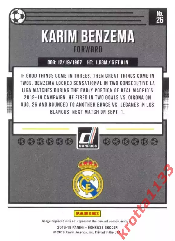 Карточка #26 Karim Benzema Real Madrid CF PANINI Donruss Soccer 2018-2019 1