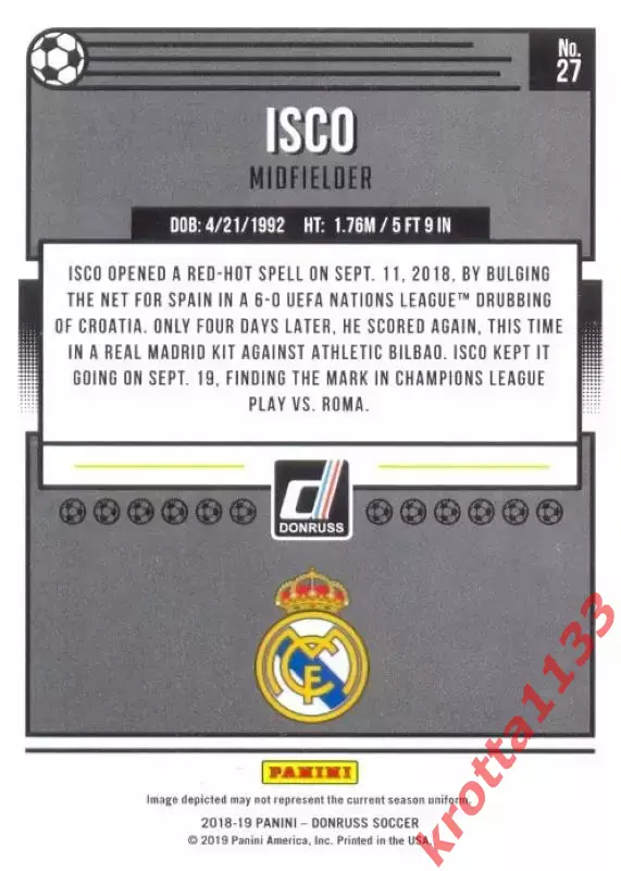 Карточка #27 Isco Real Madrid CF PANINI Donruss Soccer 2018-2019 1
