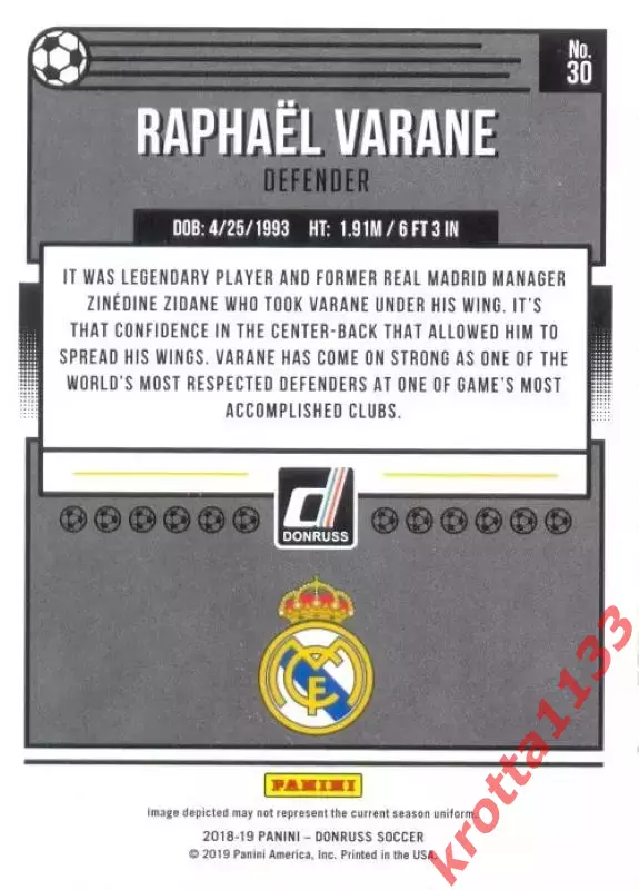 Карточка #30 Raphael Varane Real Madrid CF PANINI Donruss Soccer 2018-2019 1