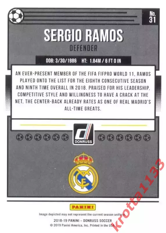Карточка #31 Sergio Ramos Real Madrid CF PANINI Donruss Soccer 2018-2019 1
