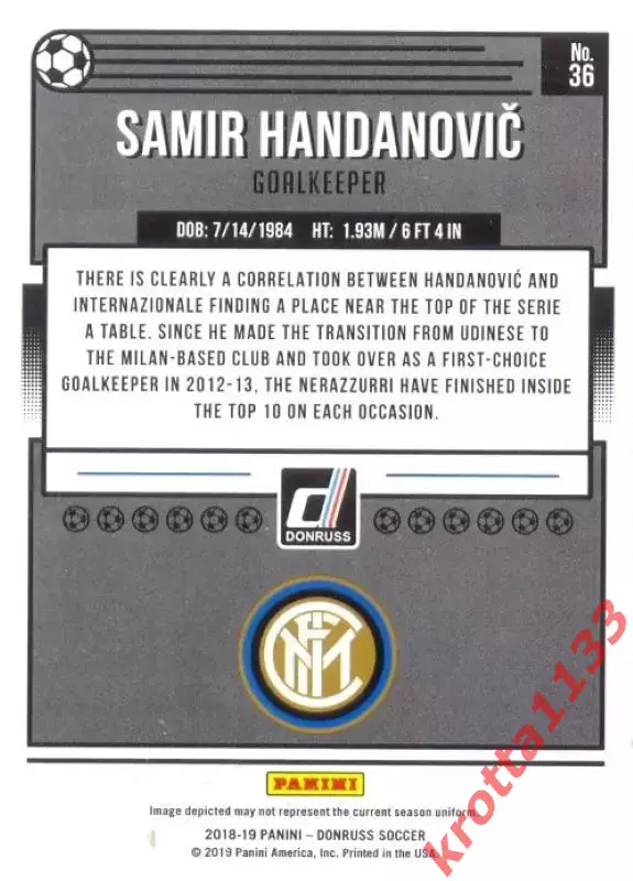 Карточка #36 Samir Handanovic FC Internazionale PANINI Donruss Soccer 2018-2019 1