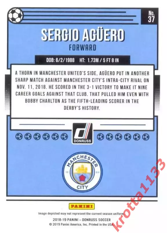 Карточка #37 Sergio Aguero Manchester City PANINI Donruss Soccer 2018-2019 1