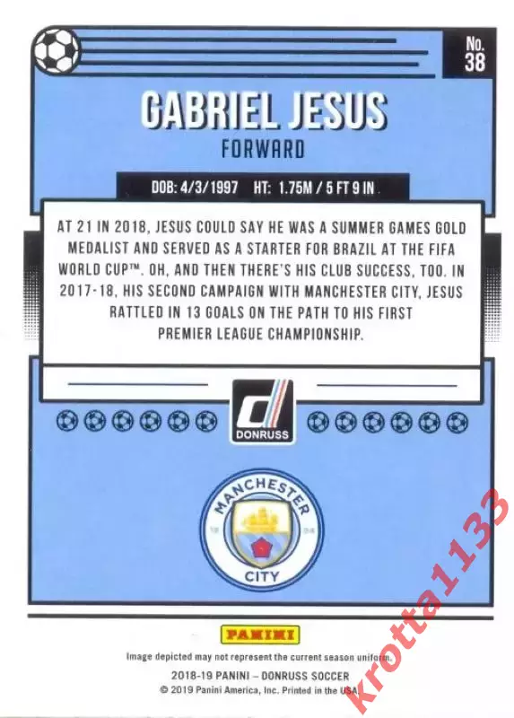 Карточка #38 Gabriel Jesus Manchester City PANINI Donruss Soccer 2018-2019 1