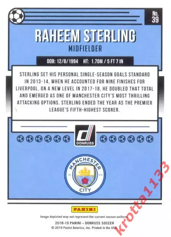 Карточка #39 Raheem Sterling Manchester City PANINI Donruss Soccer 2018-2019 1