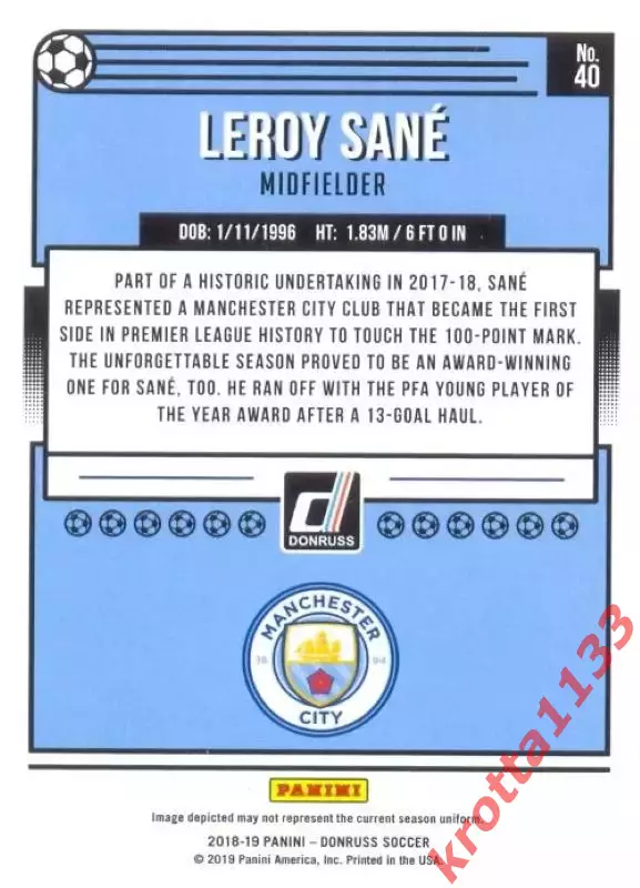 Карточка #40 Leroy Sane Manchester City PANINI Donruss Soccer 2018-2019 1
