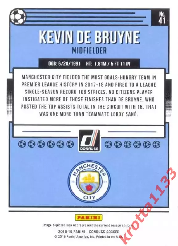 Карточка #41 Kevin De Bruyne Manchester City PANINI Donruss Soccer 2018-2019 1