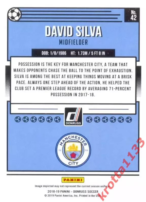 Карточка #42 David Silva Manchester City PANINI Donruss Soccer 2018-2019 1