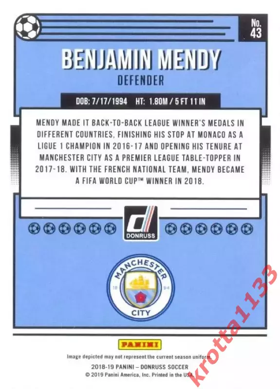 Карточка #43 Benjamin Mendy Manchester City PANINI Donruss Soccer 2018-2019 1