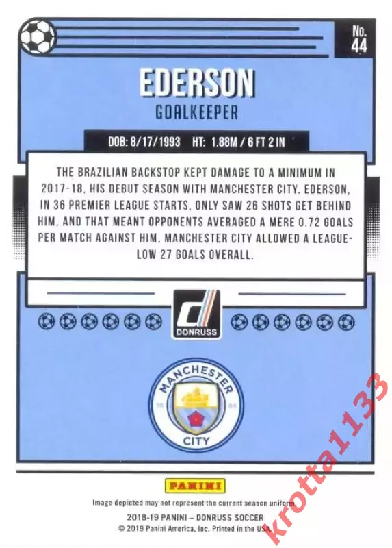 Карточка #44 Ederson Manchester City PANINI Donruss Soccer 2018-2019 1