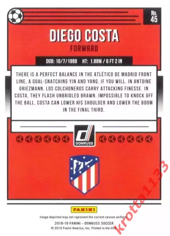 Карточка #45 Diego Costa Atletico de Madrid PANINI Donruss Soccer 2018-2019 1