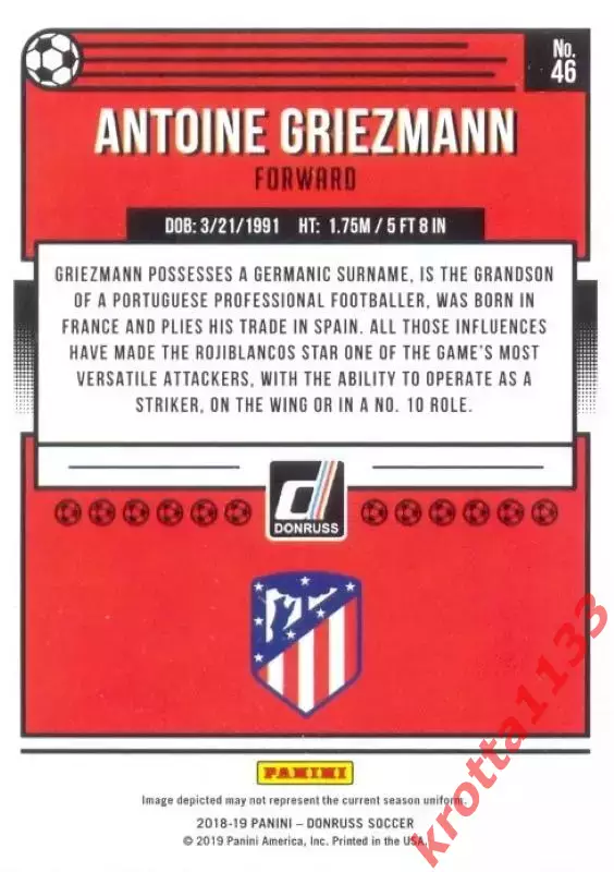 Карточка #46 Antoine Griezman Atletico de Madrid PANINI Donruss Soccer 2018-2019 1