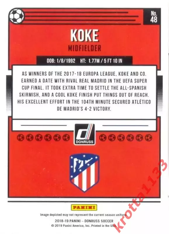 Карточка #48 Koke Atletico de Madrid PANINI Donruss Soccer 2018-2019 1