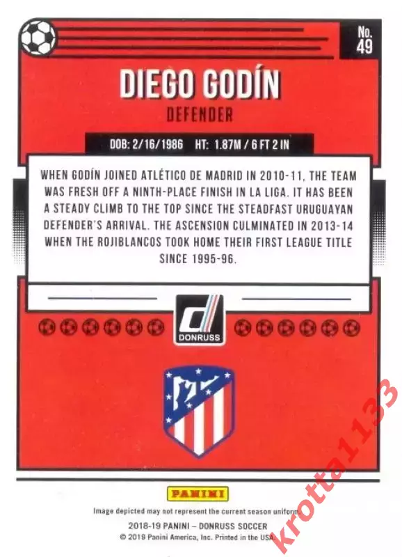 Карточка #49 Diego Godin Atletico de Madrid PANINI Donruss Soccer 2018-2019 1