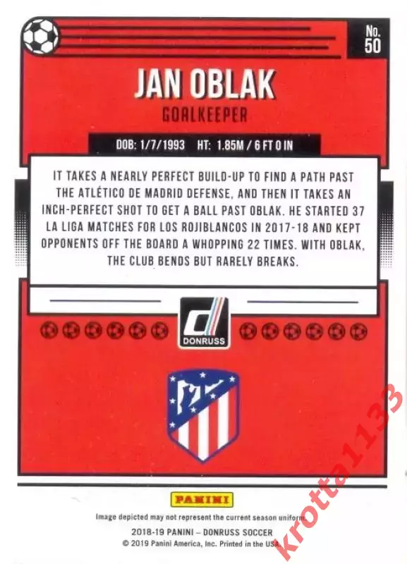 Карточка #50 Jan Oblak Atletico de Madrid PANINI Donruss Soccer 2018-2019 1