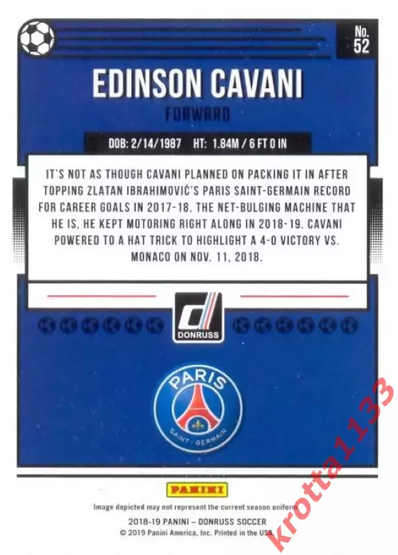 Карточка #52 Edinson Cavani Paris Saint-Germain PANINI Donruss Soccer 2018-2019 1