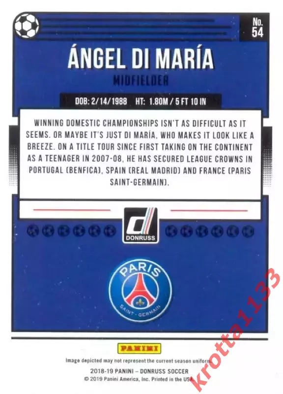 Карточка #54 Angel Di Maria Paris Saint-Germain PANINI Donruss Soccer 2018-2019 1