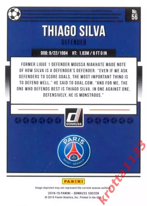 Карточка #56 Thiago Silva Paris Saint-Germain PANINI Donruss Soccer 2018-2019 1