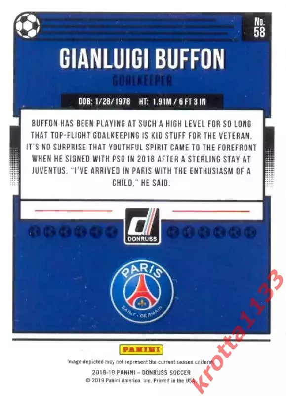 Карточка #58 Gianluigi Buffon Paris Saint-Germain PANINI Donruss Soccer 2018-19 1