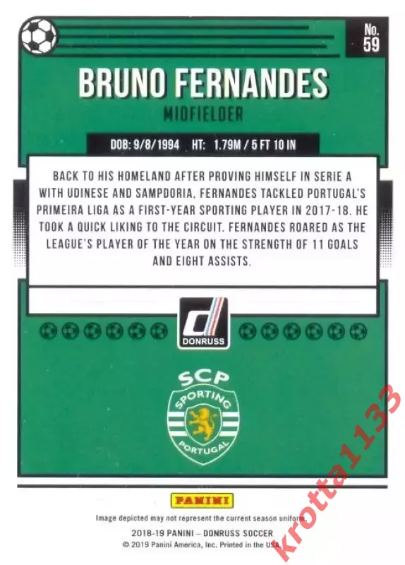 Карточка #59 Bruno Fernandes Sporting CP PANINI Donruss Soccer 2018-19 1