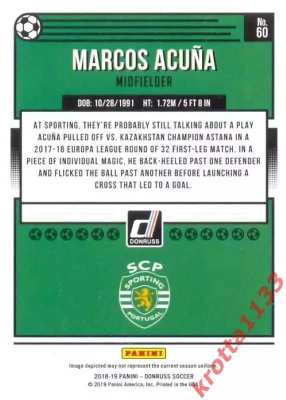 Карточка #60 Marcos Acuna Sporting CP PANINI Donruss Soccer 2018-19 1