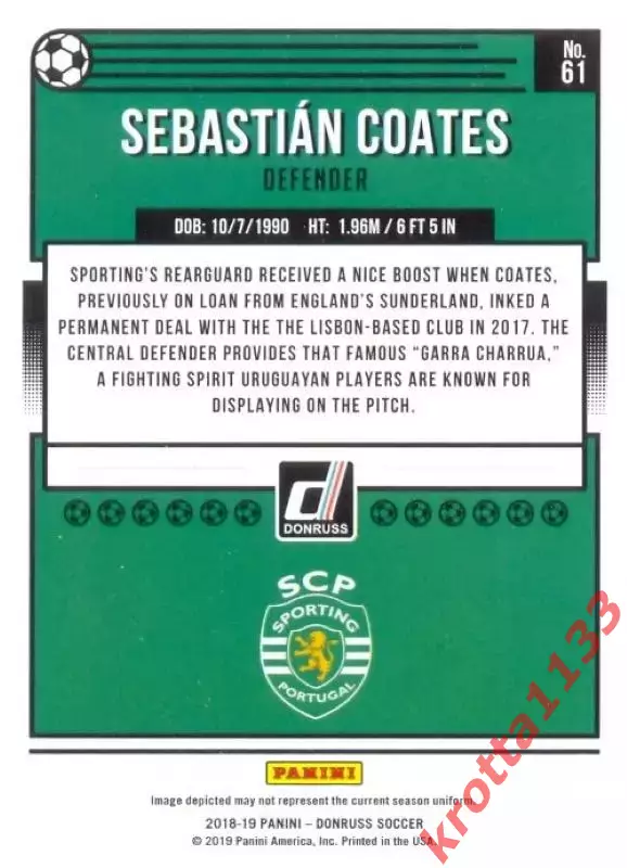 Карточка #61 Sebastian Coates Sporting CP PANINI Donruss Soccer 2018-2019 1
