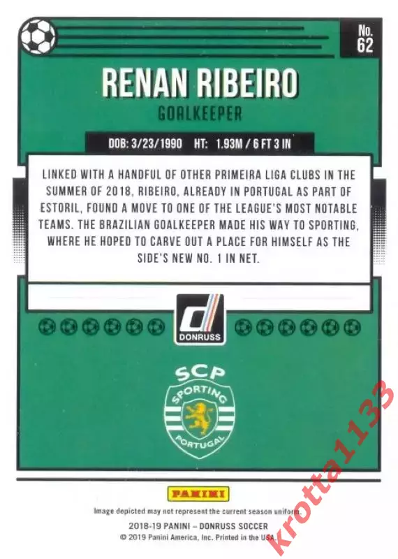 Карточка #62 Renan Ribeiro Sporting CP PANINI Donruss Soccer 2018-2019 1