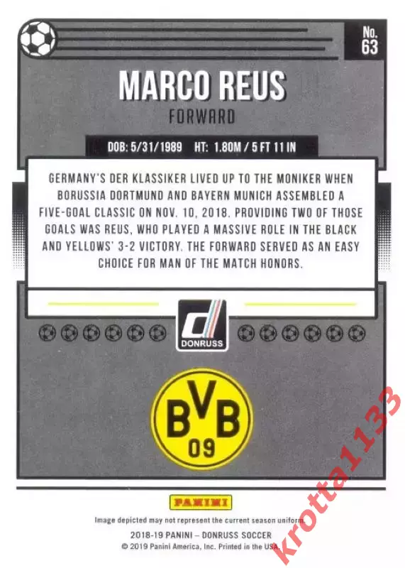 Карточка #63 Marco Reus Borussia Dortmund PANINI Donruss Soccer 2018-2019 1