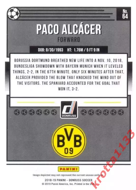 Карточка #64 Paco Alcacer Borussia Dortmund PANINI Donruss Soccer 2018-2019 1