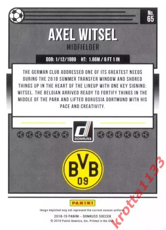 Карточка #65 Axel Witsel Borussia Dortmund PANINI Donruss Soccer 2018-2019 1