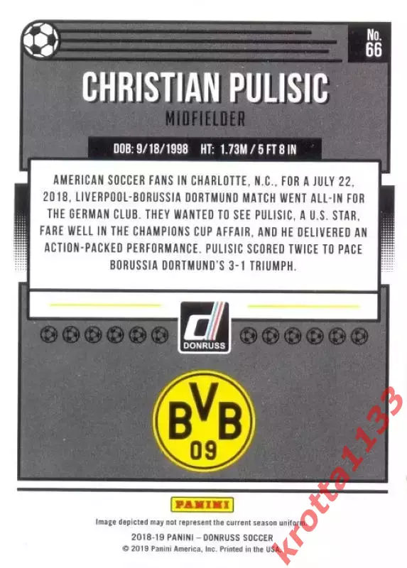 Карточка #66 Christian Pulisic Borussia Dortmund PANINI Donruss Soccer 2018-2019 1
